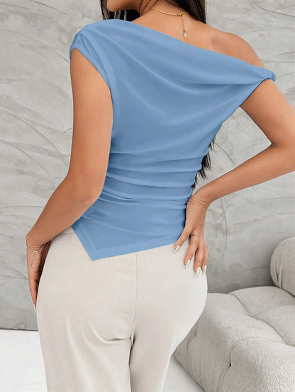 SHEIN Privé Camiseta de verano casual para mujer con dobladillo fruncido asimétrico