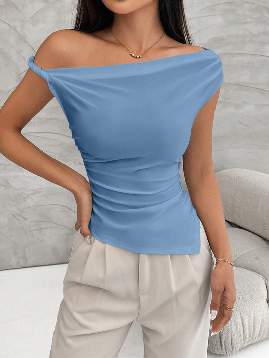 SHEIN Privé Camiseta de verano casual para mujer con dobladillo fruncido asimétrico