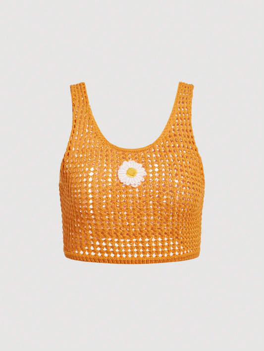 SHEIN Qutie Top De Punto Con Diseño De Bordado De Margaritas Y Calado