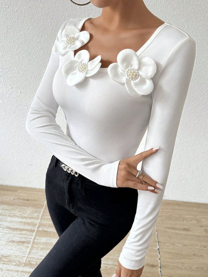 SHEIN Privé Camiseta de manga larga de ajuste ceñido con cuello redondo y parche floral para mujer, otoño/invierno, camiseta acanalada