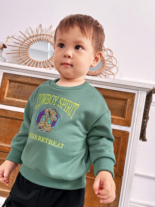 SHEIN Ranchside Kids 1 pieza Sudadera casual con estampado de sombrero de vaquero bordado de color verde militar vintage para niños pequeños para uso diario