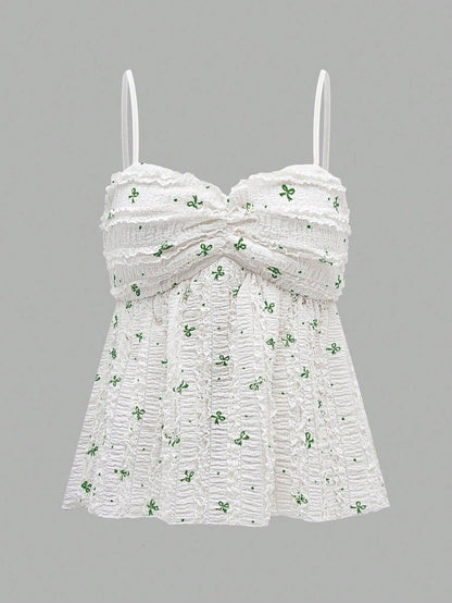 SHEIN Relaxiva Camisola con estampado de mariposa, plisada y con volantes en el bajo para mujer