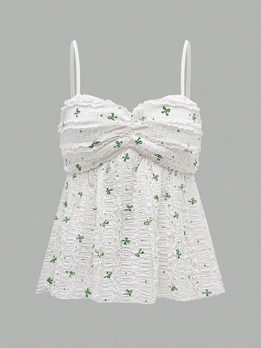 SHEIN Relaxiva Camisola con estampado de mariposa, plisada y con volantes en el bajo para mujer