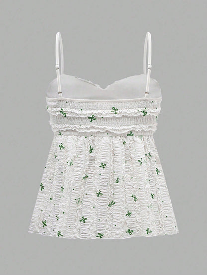 SHEIN Relaxiva Camisola con estampado de mariposa, plisada y con volantes en el bajo para mujer