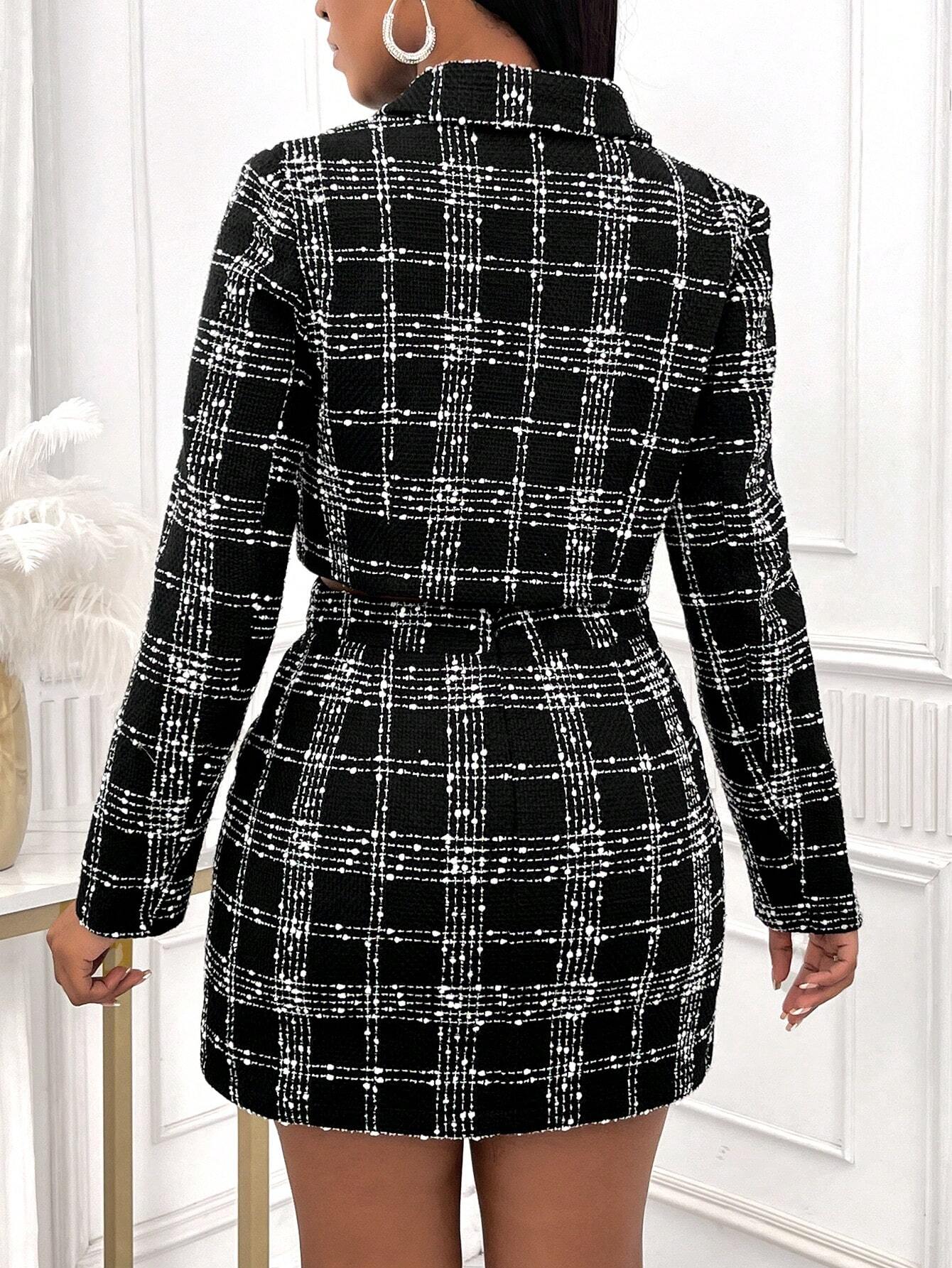 SHEIN SXY 2 piezas Conjunto de blazer y falda tubo de traje elegante francés de tweed, de manga larga, con solapa de muesca