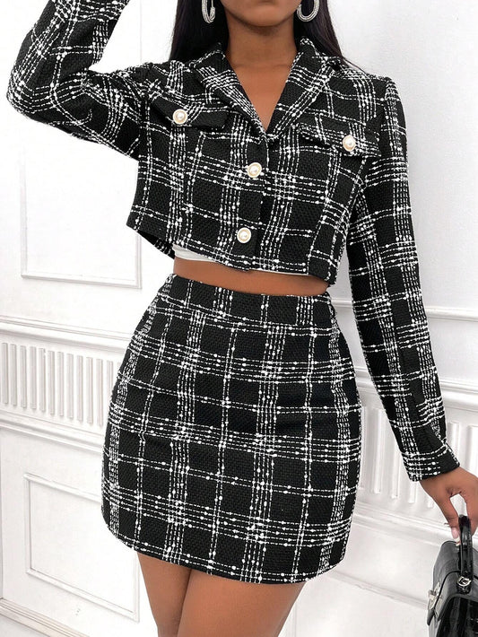 SHEIN SXY 2 piezas Conjunto de blazer y falda tubo de traje elegante francés de tweed, de manga larga, con solapa de muesca