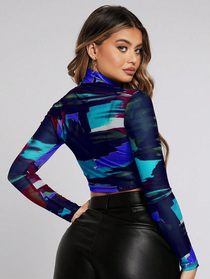 SHEIN SXY Blusa corta con cuello alto y malla, estilo de teñido anudado, primavera/verano, para mujer