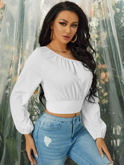 SHEIN SXY Blusa de cuello asimétrico de manga farol con diseño de nudo