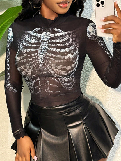 SHEIN SXY Blusa de manga larga para mujer con patrón de calavera y esqueleto de malla semi transparente negra con strass para club nocturno de Halloween