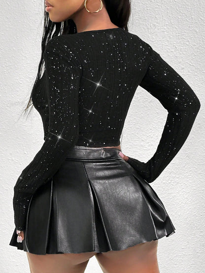 SHEIN SXY Camiseta de manga larga de cuello redondo de punto a rayas en polvo negra