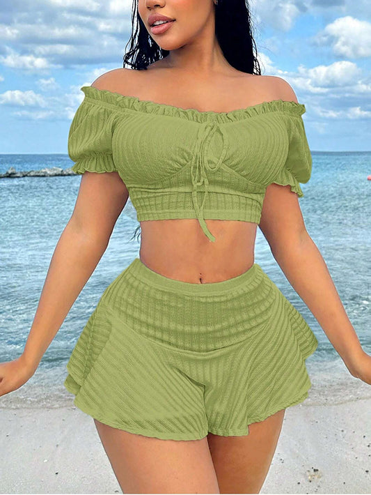 SHEIN SXY Conjunto de vacaciones de verano de dos piezas con mangas de princesa, volantes y blanco para mujeres