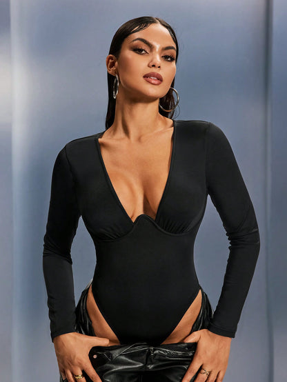 SHEIN SXY Mono de una pieza de unicolor con escote en V profundo y ajuste ceñido, apto para ropa interior o exterior, para citas, fiestas de soltera, uso casual, de compras, salir, citas, fácil de combinar y que adelgaza
