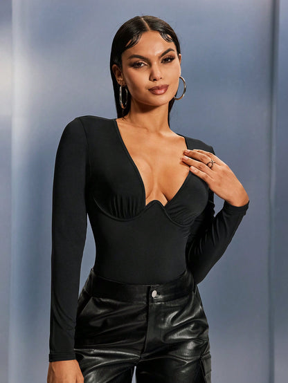 SHEIN SXY Mono de una pieza de unicolor con escote en V profundo y ajuste ceñido, apto para ropa interior o exterior, para citas, fiestas de soltera, uso casual, de compras, salir, citas, fácil de combinar y que adelgaza