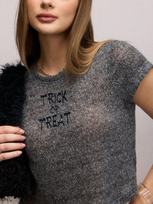 SHEIN SXY Ropa de mujer de otoño/invierno, suéter tejido con bordado "Trick Or Treat", franela