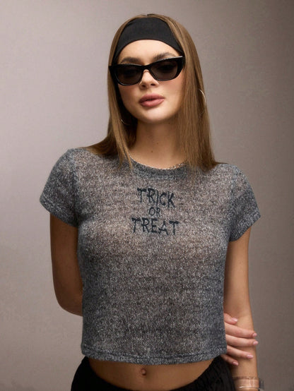 SHEIN SXY Ropa de mujer de otoño/invierno, suéter tejido con bordado "Trick Or Treat", franela