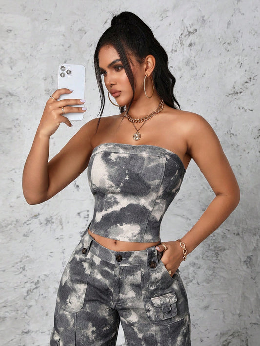 SHEIN SXY Top De Mezclilla Sin Tirantes Con Teñido Anudado