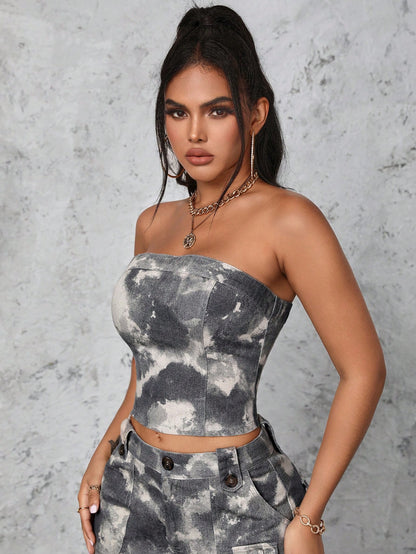 SHEIN SXY Top De Mezclilla Sin Tirantes Con Teñido Anudado