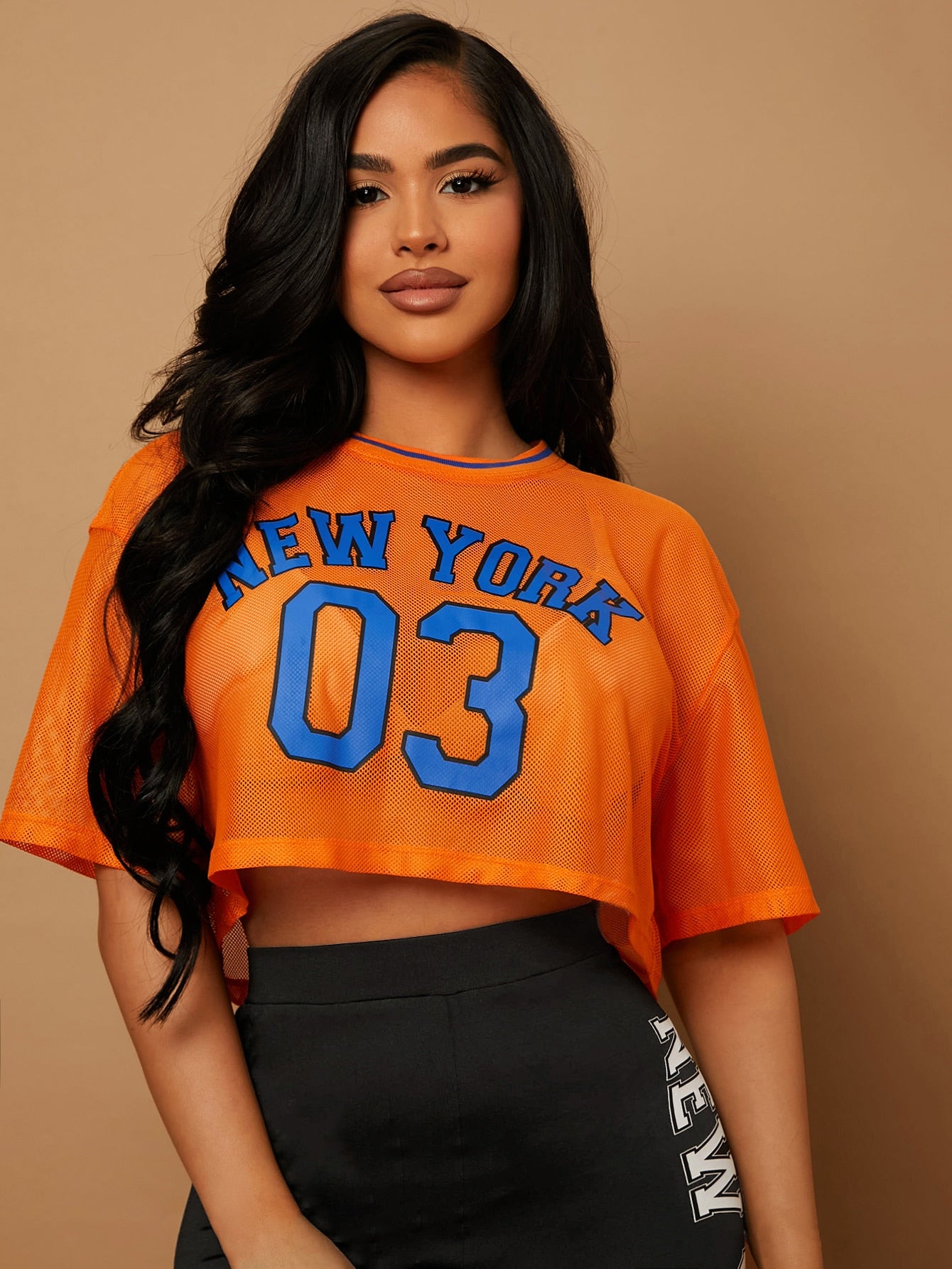 SHEIN SXY Top con estampado de letra de hombros caídos de malla sin sujetador