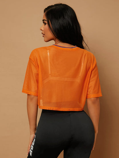 SHEIN SXY Top con estampado de letra de hombros caídos de malla sin sujetador