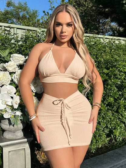 SHEIN SXY Top halter sin espalda con lazo y falda ajustada al frente fruncida - conjunto