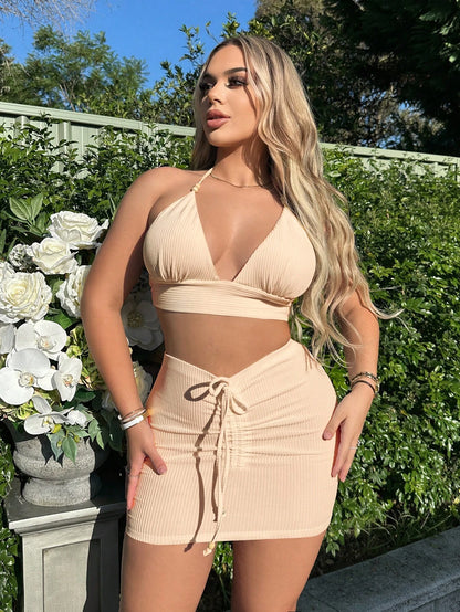 SHEIN SXY Top halter sin espalda con lazo y falda ajustada al frente fruncida - conjunto