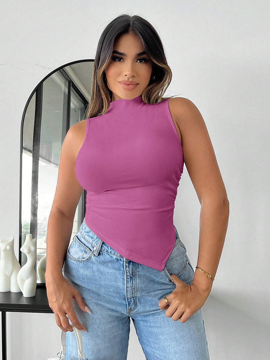 SHEIN SXY Verano Sexy Camiseta sin mangas con cuello alto simulado y dobladillo asimétrico