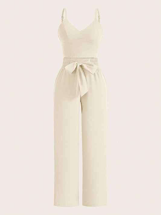 SHEIN Slayr Conjunto de dos piezas elegante para mujer con top corto de tirantes y pantalones de pierna ancha con cinturón de moño, color amarillo