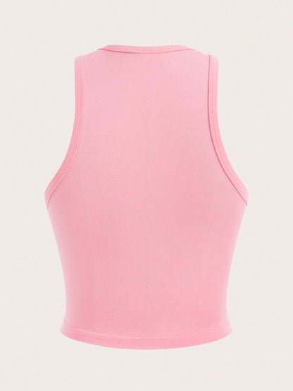 SHEIN Slayr Corto rosa informal cruzado impreso ajustado con cuello redondo de tirantes, verano