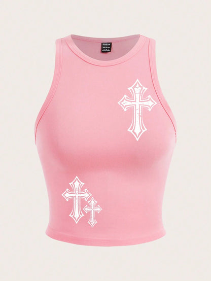 SHEIN Slayr Corto rosa informal cruzado impreso ajustado con cuello redondo de tirantes, verano