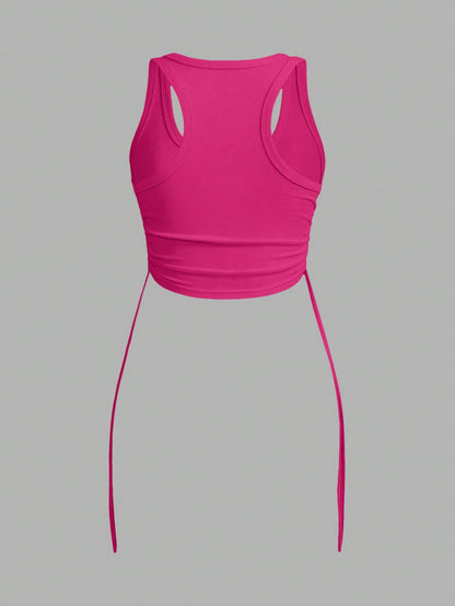 SHEIN Slayr Top sencillo y sexy sin tirantes con abertura, cierre trasero con lazo, ajuste ceñido, longitud mini, tejido elástico de unicolor para mujeres - Z