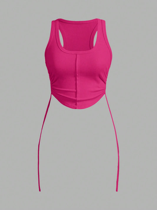 SHEIN Slayr Top sencillo y sexy sin tirantes con abertura, cierre trasero con lazo, ajuste ceñido, longitud mini, tejido elástico de unicolor para mujeres - Z