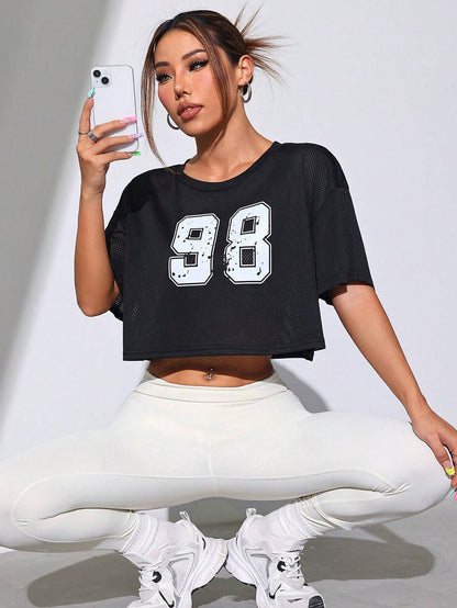 SHEIN Sport Easify Camiseta deportiva de manga corta con cuello redondo y estampado digital de moda para mujer