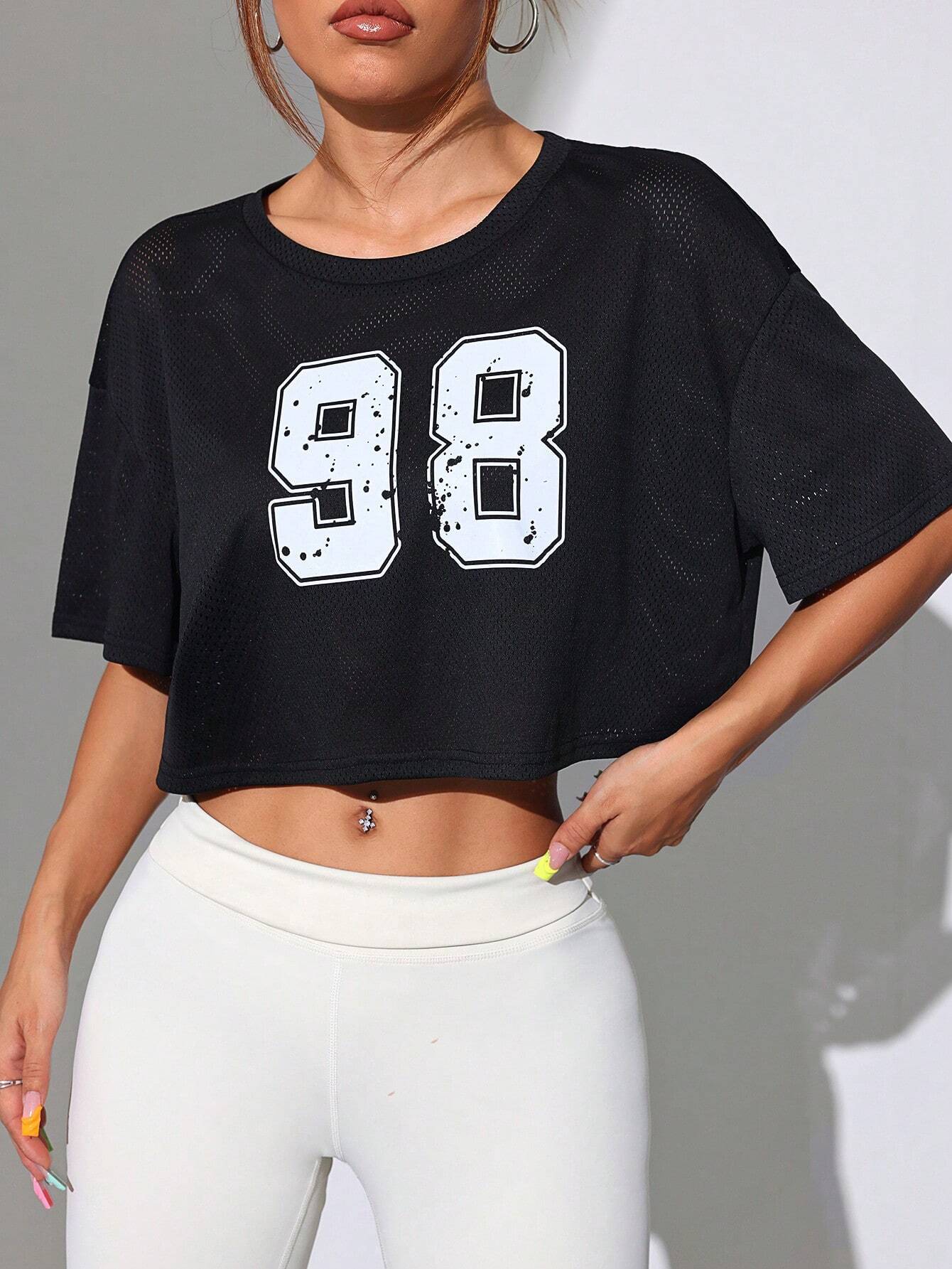 SHEIN Sport Easify Camiseta deportiva de manga corta con cuello redondo y estampado digital de moda para mujer