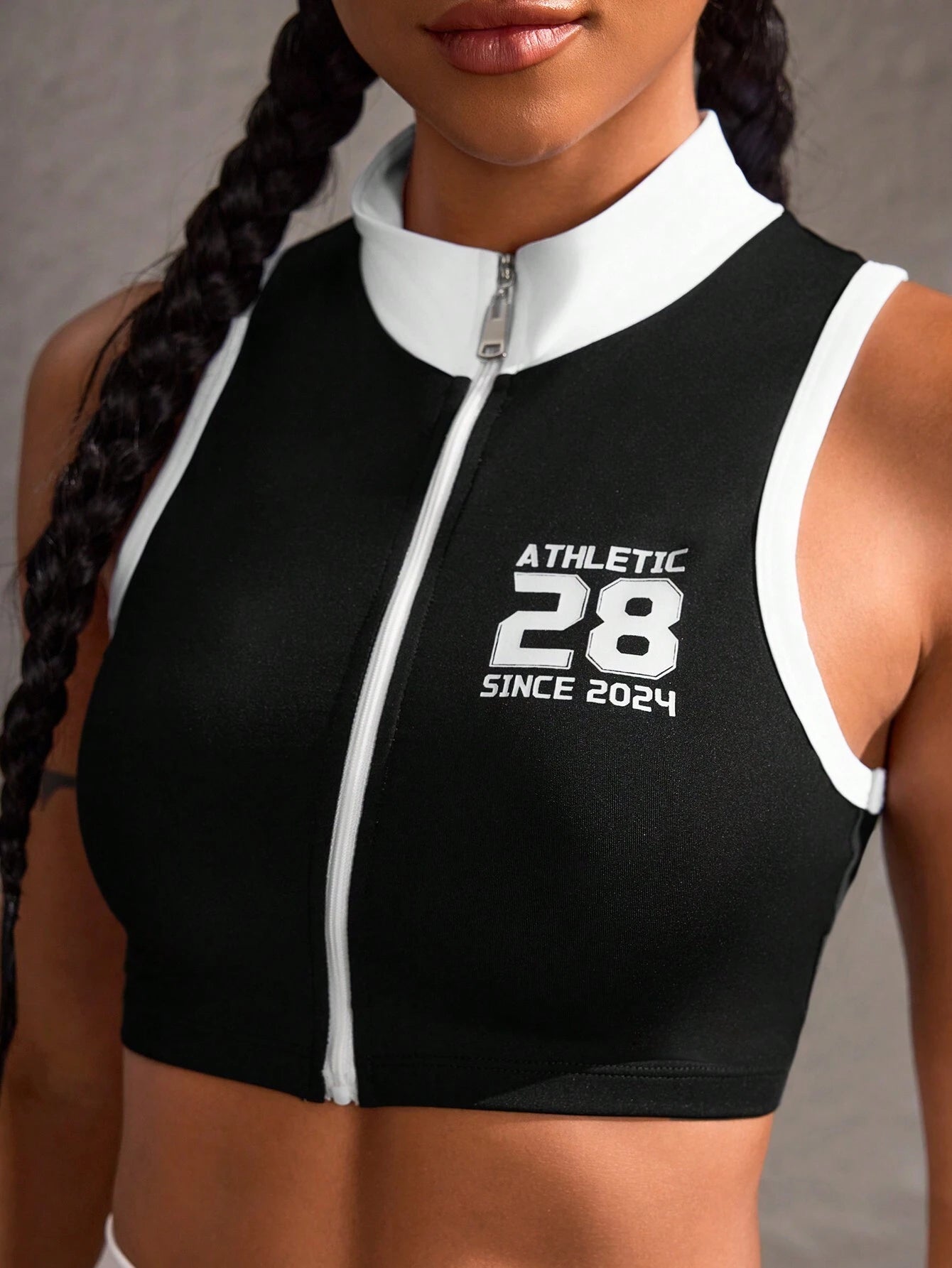 SHEIN Sport Easify Chaqueta atlética sin mangas con cremallera, estampado de letras y ribete de color contrastante, verano