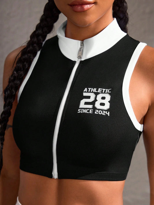 SHEIN Sport Easify Chaqueta atlética sin mangas con cremallera, estampado de letras y ribete de color contrastante, verano