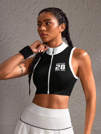 SHEIN Sport Easify Chaqueta atlética sin mangas con cremallera, estampado de letras y ribete de color contrastante, verano