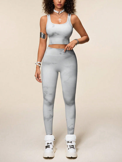 SHEIN Sport Easify Conjunto deportivo sin mangas con top de efecto tie-dye y leggings sin costuras para mujeres