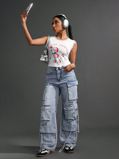 SHEIN Sport Gameset Camiseta sin mangas deportiva simple con impresiones para uso diario de mujeres