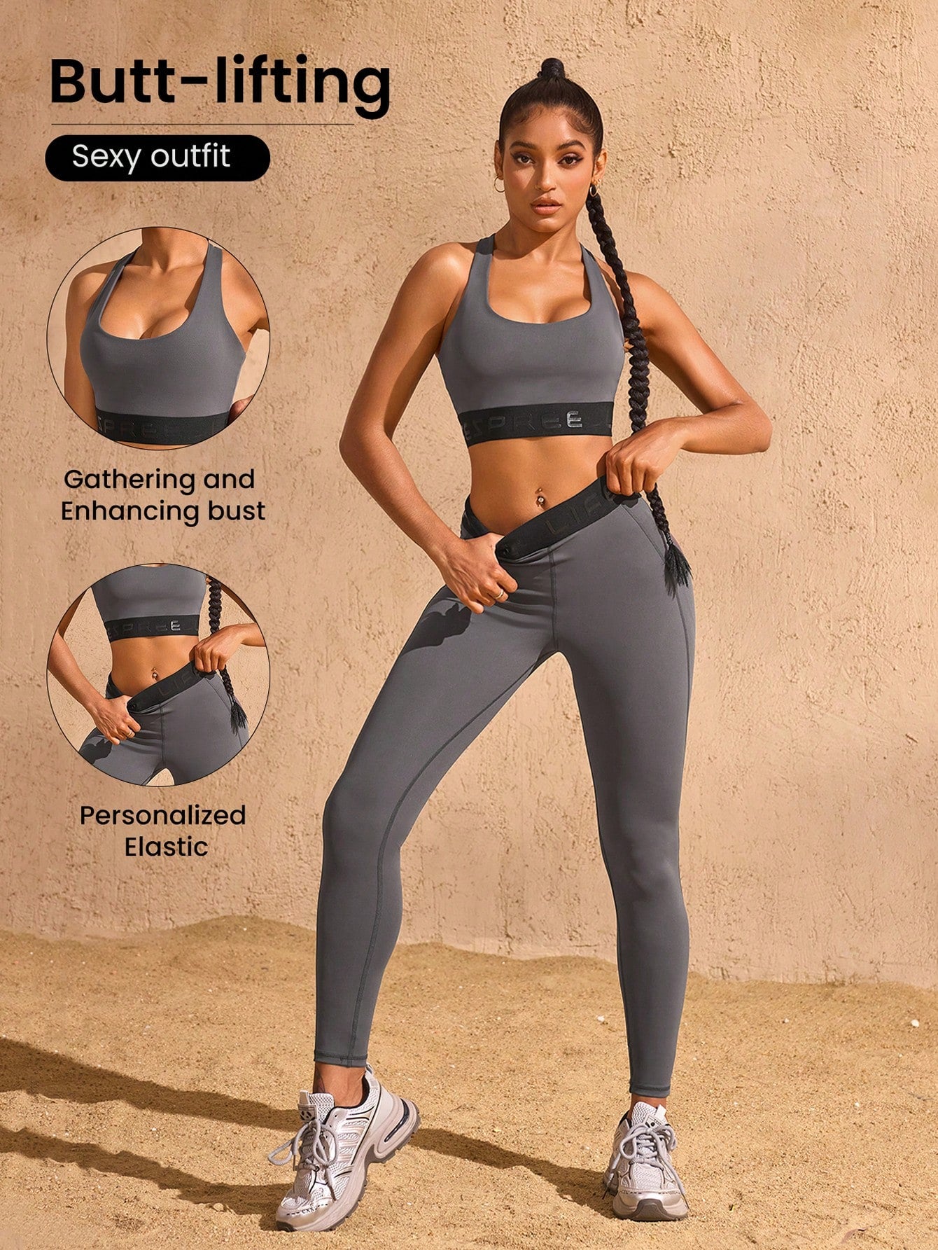 SHEIN Sport Lifespree Conjunto deportivo básico de 2 piezas con gráficos de letras y efecto de levantamiento de busto para mujer, de cintura alta, ropa de yoga con efecto moldeador casual, ropa de gimnasio
