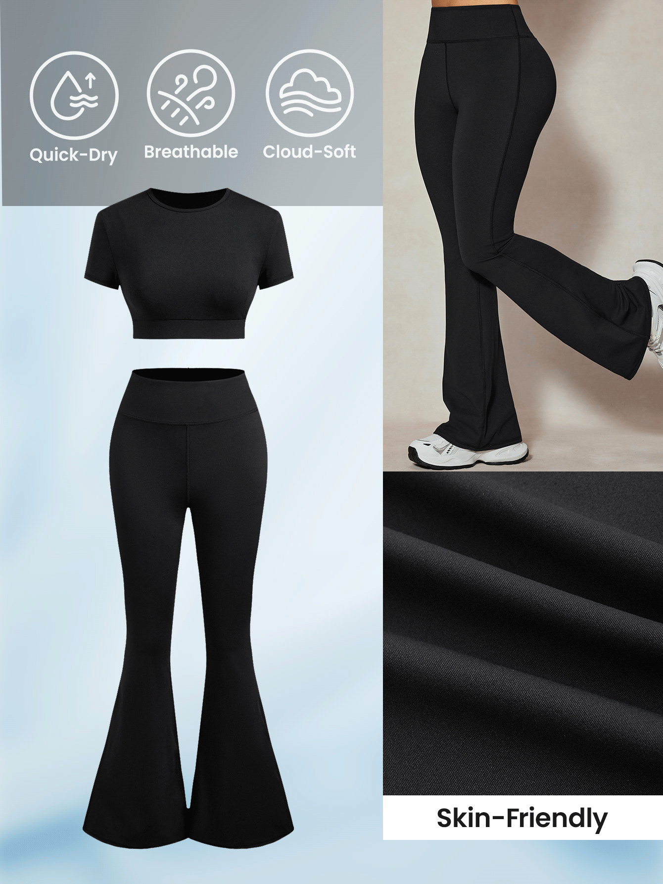 SHEIN Sport Lifespree Conjunto deportivo de lujo informal de camiseta de manga corta de cuello redondo lisa y pantalones acampanados para mujer