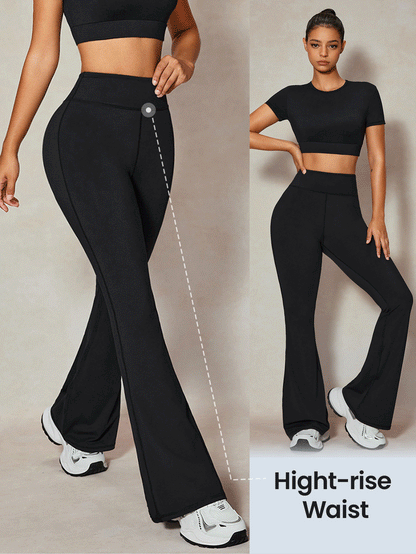 SHEIN Sport Lifespree Conjunto deportivo de lujo informal de camiseta de manga corta de cuello redondo lisa y pantalones acampanados para mujer