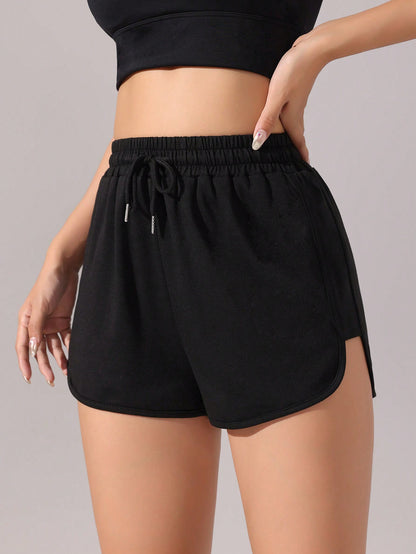 SHEIN Sport Slayoga Pantalones cortos deportivos negros básicos con cordón en la cintura para mujer