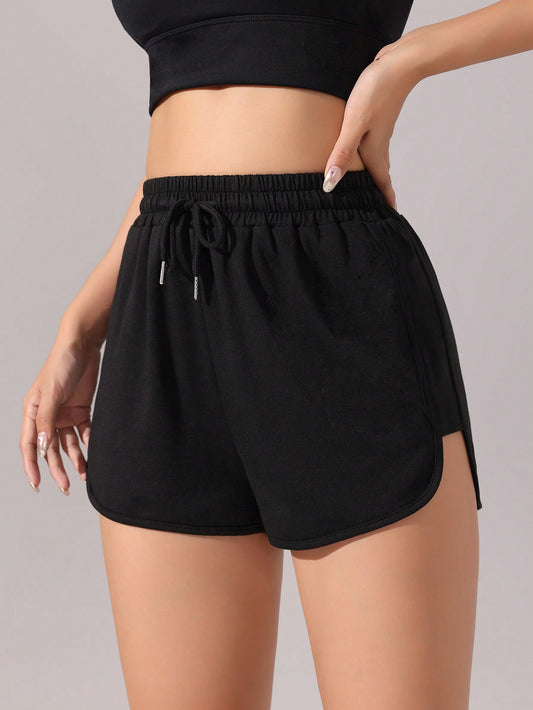 SHEIN Sport Slayoga Pantalones cortos deportivos negros básicos con cordón en la cintura para mujer