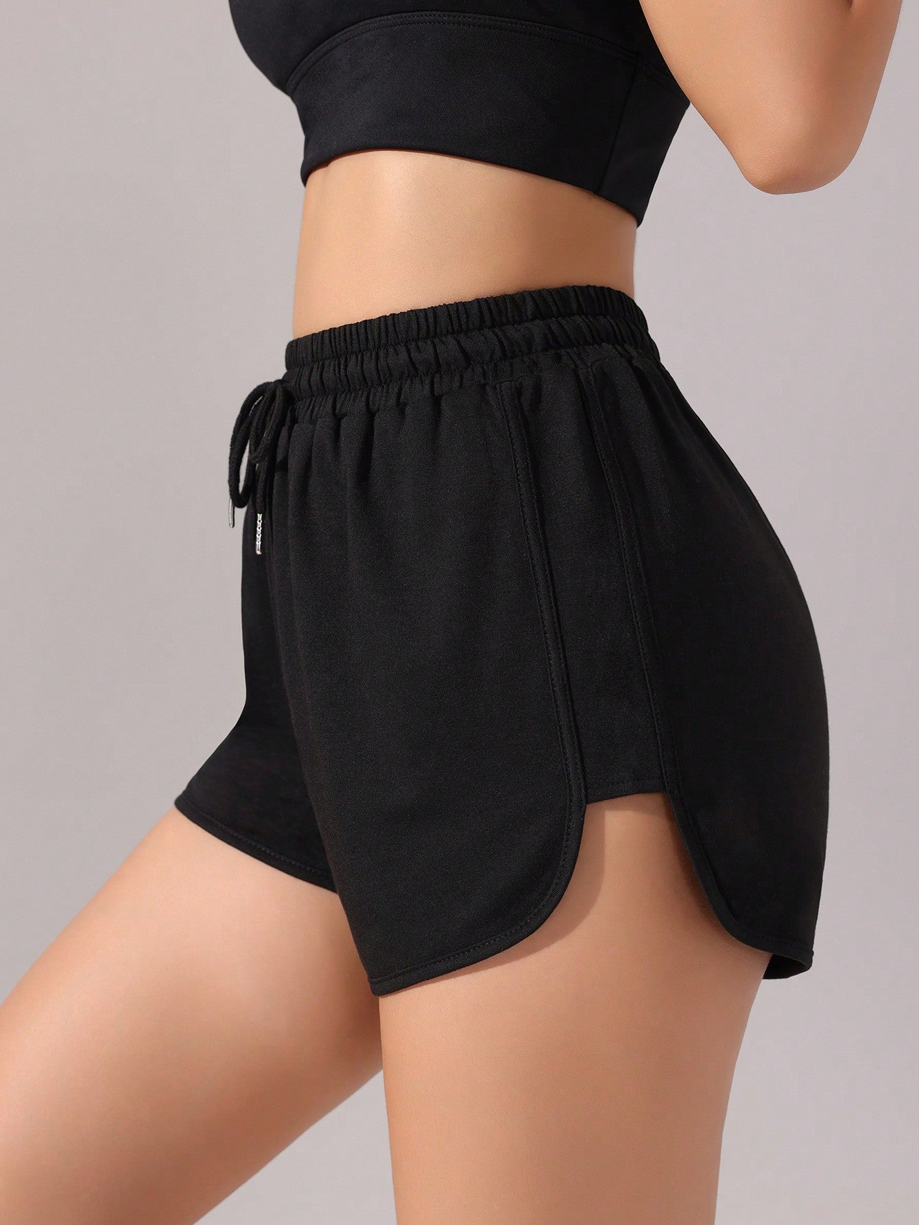 SHEIN Sport Slayoga Pantalones cortos deportivos negros básicos con cordón en la cintura para mujer