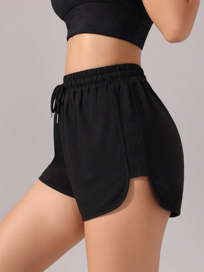 SHEIN Sport Slayoga Pantalones cortos deportivos negros básicos con cordón en la cintura para mujer