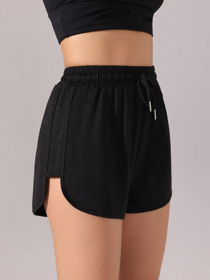 SHEIN Sport Slayoga Pantalones cortos deportivos negros básicos con cordón en la cintura para mujer