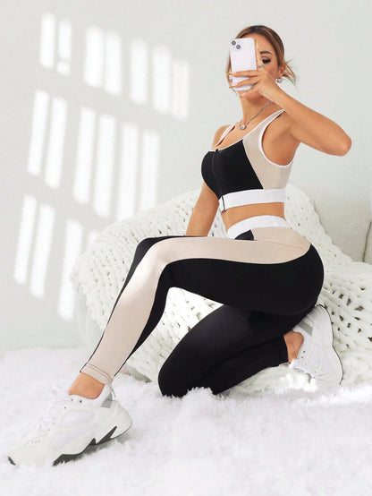 SHEIN Sport Studio Conjunto deportivo informal y sencillo de color contrastante para mujer