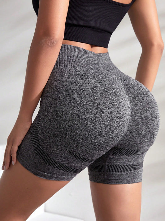SHEIN Yoga Basic Pantalones cortos deportivos de verano de cintura alta plisados sin costuras de unicolor