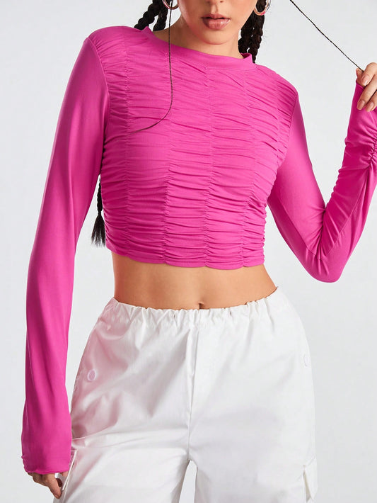 SHEIN Sports Camiseta De Manga Larga Con Cuello Redondo Y Pliegues Para Mujer De Color Sólido