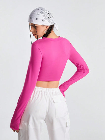SHEIN Sports Camiseta De Manga Larga Con Cuello Redondo Y Pliegues Para Mujer De Color Sólido